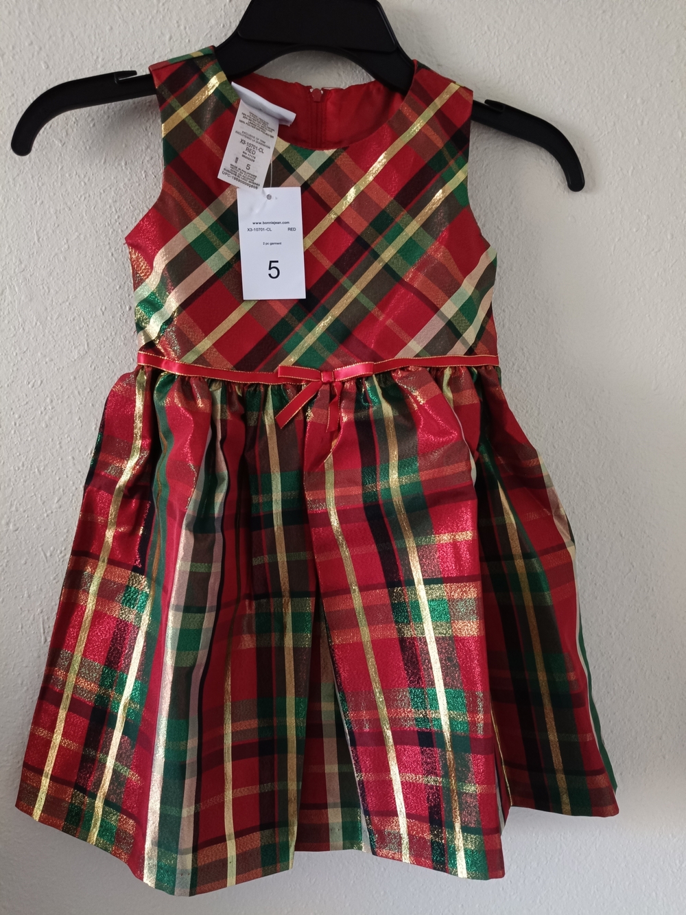 Bonnie Jean Red Plaid Metallic Trim Holiday Dress